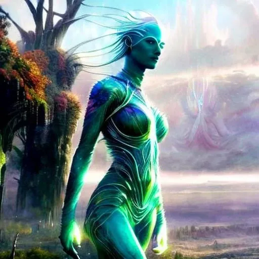Kavellion style, Beautiful alien machine goddess of the rainstorms in white celtic robes by android jones alex grey m, c, escher h, r, giger android jones alex grey mark cooper alien beauty alien cyborg machine goddess beauty alien celtic red - haired rainstorm goddess with white robes and metallic machine deity alex grey android jones hr giger artgerm artstation award winning photorealistic detailed hypervivid intense fantasy concept art by greg rutkowski