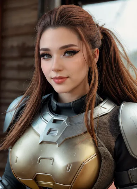 RAW Photo, DSLR, professional color graded, BREAK photograph of girl Am0uranth, (makeup, eyeliner:1.2), as brigette, (action shot), ponytail, sidelocks, armor, freckles, hair pulled back, power armor, on battlefield, sharp focus, HDR, 8K resolution, intricate detail, sophisticated detail, depth of field, analogue RAW DSLR, photorealistic, looking at viewer, <lora:detailed_eye:0.8>, <lora:Am0uranth:0.75> <lora:brigette:0.65>