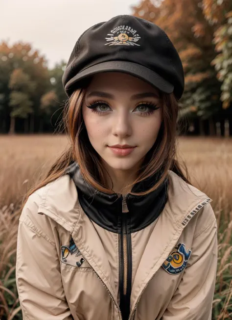 RAW Photo, DSLR, professional color graded, BREAK portrait photograph of girl Am0uranth, (makeup, eyeliner:1.2), (as pokemon trainer), wearing pokemon Hoodie jacket and cap, in a field, sharp focus, HDR, 8K resolution, intricate detail, sophisticated detail, depth of field, analogue RAW DSLR, photorealistic, looking at viewer, <lora:detailed_eye:0.8>, <lora:Am0uranth:0.75>