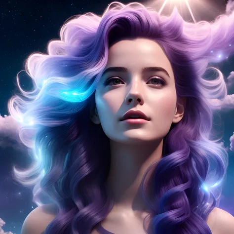 girl dissolve in the sky, hair become nebula, uhd, hyperrealism, 32k, cinematic lighting, 3d, vivid colors, beautiful, masterpiece, highest quality, 16k, hard shadows, volumetric lighting, sharp focus, 32k, unreal engine, octane render, vibrant, photorealistic,