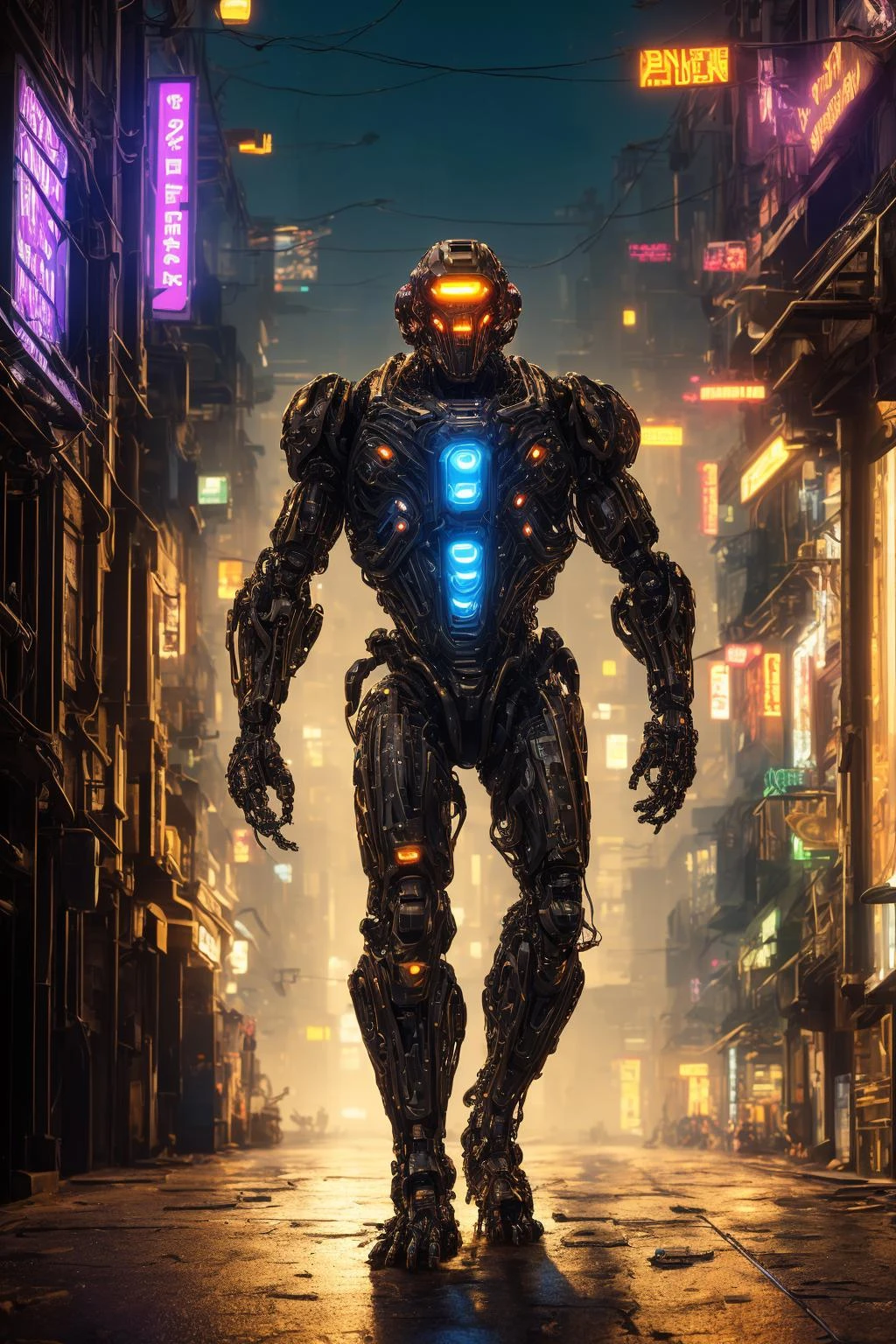 ((best quality)), ((masterpiece:1.2)), (8k, high quality, cinematic, hyper realistic, illustration), (autodesk maya, vray render, ray tracing, hdr), (DSLR, full frame, 16mm focal length, f/4 aperture, dynamic perspective, deep depth of field), (A black and gold, humanoid bounty hunter, clad in a reinforced exoskeleton and adaptive techwear, stalking their prey through the dark, neon-lit alleyways of a cyberpunk city), (mshn robot:0.55, mshn:0.25), (subdivision, cyber muscle, angular design, mechanical, carbon-fiber, high-tech, pistons, robotic frame, metal joints, rubber cables), (scifi, hard surface, armor, metal bolts, robotic, industrial, structures, sub-d), (urbansamurai, techwear), (CGI, 3D, realistic), (bloom, rim lighting, studio lighting, soft lighting, low key), (cyberhelmet:0.25, glowing robotic eyes, full of battlegear)