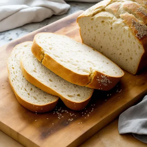 A close-up shot of a freshly baked artisanal bread loaf, crusty on the outside with a soft, airy interior. Golden brown with a sprinkle of sesame seeds for added flavor and texture. Presented on a rustic wooden cutting board. Ideal for bread lovers and food enthusiasts, best quality, high quality, good