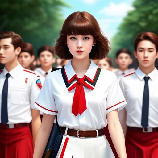 Masterpiece, beautiful 20yo student girl walking in retrofuturistic paradise ciyty , crowd of people, short brown hair, blue eyes, black skirt school uniform, white shirt, red scout tie, (white shining background:1), highly detailed