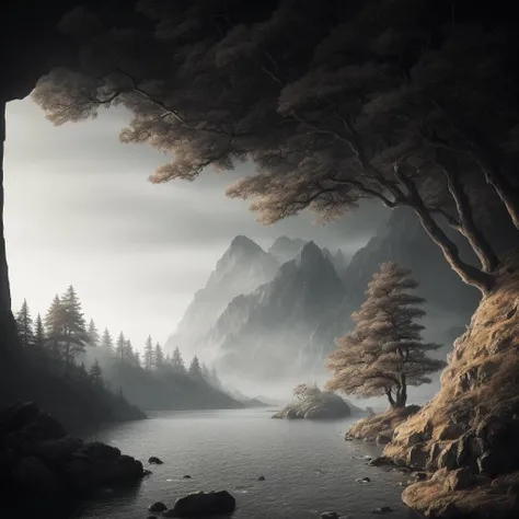 breathtaking landscape in the style of Hiroshi Sugimoto, I can't believe how beautiful this is, professional photography, beautiful lighting, natural lighting, unusual perspective, hyper detailed, octane rendering, ultra high resolution,, best quality, high quality, good