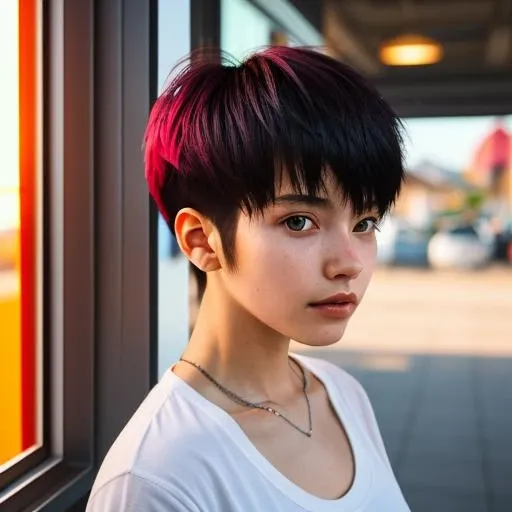 portrait photo of a stylish beautiful girl in a future convenience store, asymmetric hair cut, cyberpunk aestethic, heavenly beauty, 8k, 50mm, f/1. 4, high detail, sharp focus, cowboy shot, perfect anatomy, arms behind back, sunshine on her face, sunset, window side vodka_portraits <lora:vodka_portraits:0.7>