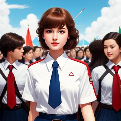 Masterpiece, beautiful 20yo student girl walking in retrofuturistic paradise ciyty , crowd of people, short brown hair, blue eyes, black skirt school uniform, white shirt, red scout tie, (white shining background:1), highly detailed