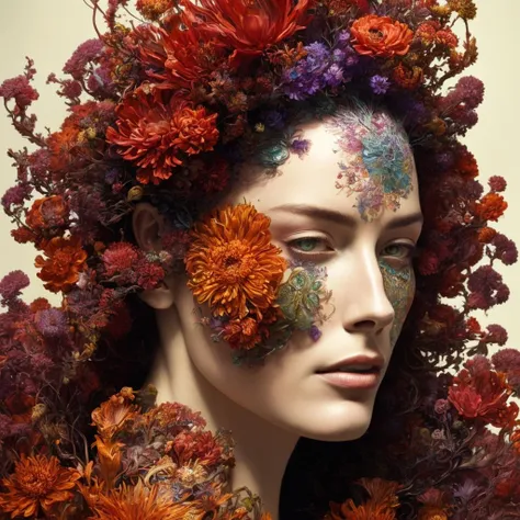 An ultra hd detailed painting of many different types of flowers by android jones, earnst haeckel, james jean. behance contest winner, generative art, baroque, intricate patterns, fractalism, movie still, photorealistic,Portrait of a beautiful woman surrounded by fire, portrait of beautiful young maiden, warhammer, some red water, the middle ages, highly detailed, artstation, illustration, sylvari portrait, 8 k quality, art by partick woodroof