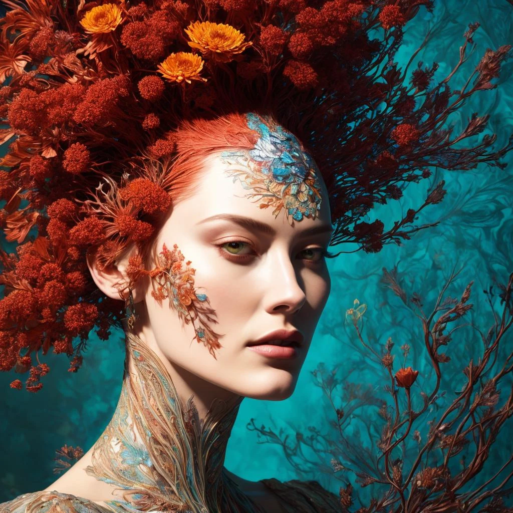 An ultra hd detailed painting of many different types of flowers by android jones, earnst haeckel, james jean. behance contest winner, generative art, baroque, intricate patterns, fractalism, movie still, photorealistic,Portrait of a beautiful woman surrounded by fire, portrait of beautiful young maiden, warhammer, some red water, the middle ages, highly detailed, artstation, illustration, sylvari portrait, 8 k quality, art by partick woodroof