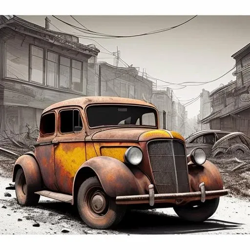 outdoors, minimalistic coloring page for kids with thick crisp outlines 1.25 colorful photo, a hot rod is driving along a city road, in the style of postapocalyptic backdrops, dimitry roulland, rusty debris, classical, historical genre scenes, light red and amber, konica auto s3, explosive wildlife 1