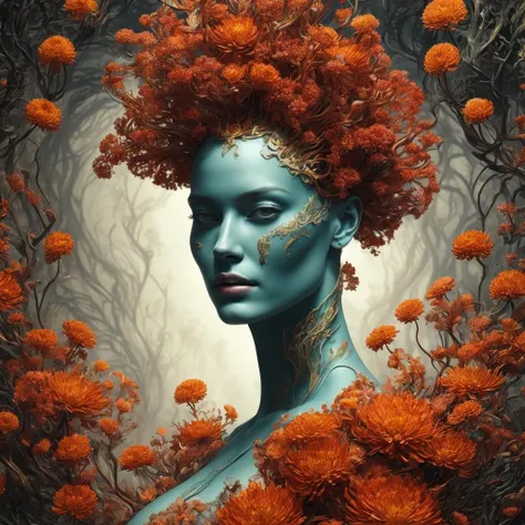 An ultra hd detailed painting of many different types of flowers by android jones, earnst haeckel, james jean. behance contest winner, generative art, baroque, intricate patterns, fractalism, movie still, photorealistic,Portrait of a beautiful woman surrounded by fire, portrait of beautiful young maiden, warhammer, some red water, the middle ages, highly detailed, artstation, illustration, sylvari portrait, 8 k quality, art by partick woodroof