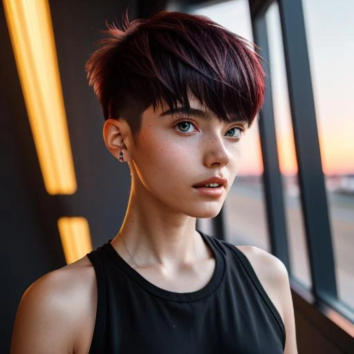 portrait photo of a stylish beautiful girl in a future convenience store, asymmetric hair cut, cyberpunk aestethic, heavenly beauty, 8k, 50mm, f/1. 4, high detail, sharp focus, cowboy shot, perfect anatomy, arms behind back, sunshine on her face, sunset, window side vodka_portraits <lora:vodka_portraits:0.7>