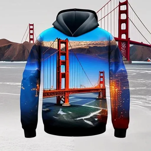 cyberpunk stylish san Francisco golden gate Bridge.3d optical illusion random paatterns to print on all over hoodie and jackets