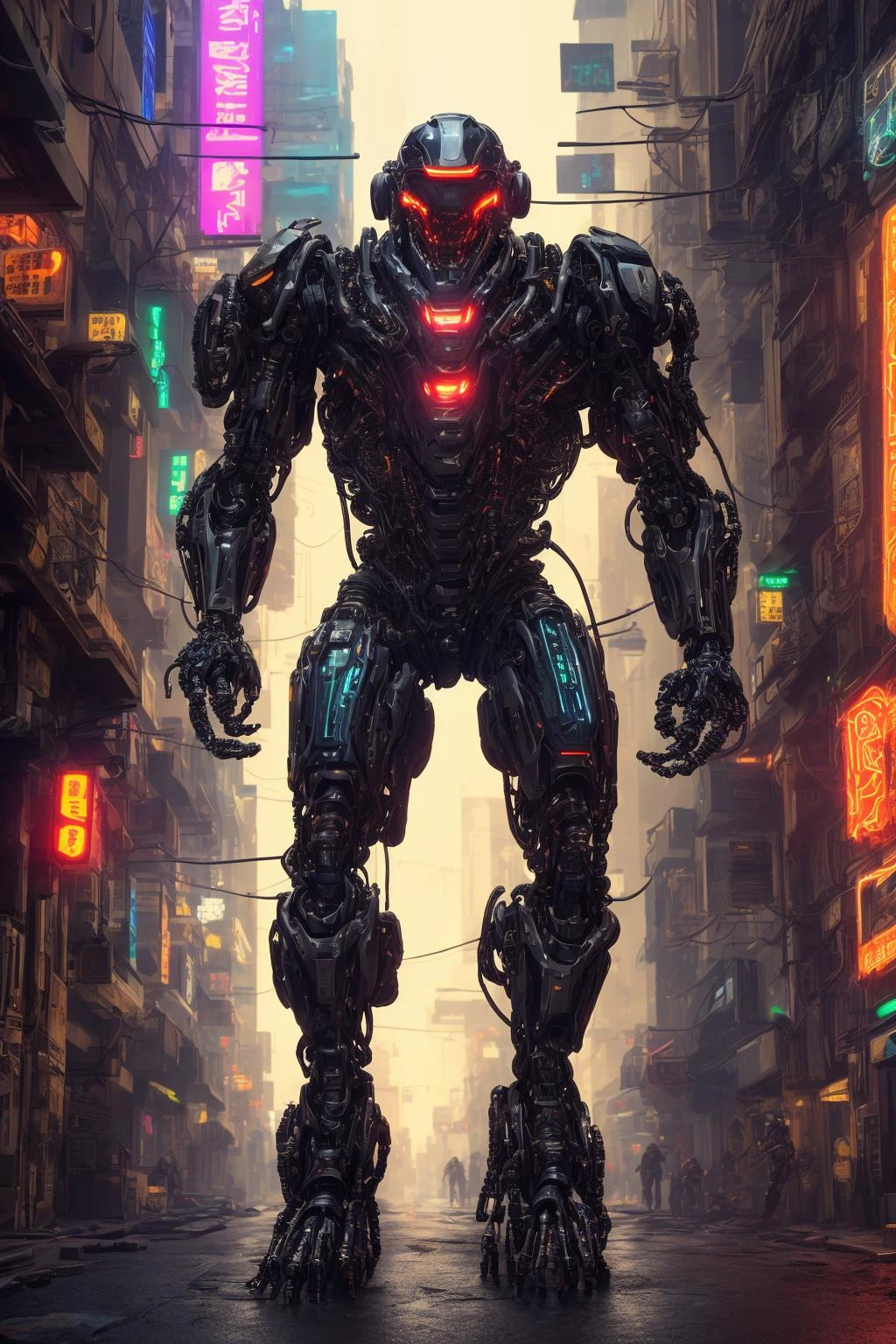 ((best quality)), ((masterpiece:1.2)), (8k, high quality, cinematic, hyper realistic, illustration), (autodesk maya, vray render, ray tracing, hdr), (DSLR, full frame, 16mm focal length, f/4 aperture, dynamic perspective, deep depth of field), (A black and gold, humanoid bounty hunter, clad in a reinforced exoskeleton and adaptive techwear, stalking their prey through the dark, neon-lit alleyways of a cyberpunk city), (mshn robot:0.55, mshn:0.25), (subdivision, cyber muscle, angular design, mechanical, carbon-fiber, high-tech, pistons, robotic frame, metal joints, rubber cables), (scifi, hard surface, armor, metal bolts, robotic, industrial, structures, sub-d), (urbansamurai, techwear), (CGI, 3D, realistic), (bloom, rim lighting, studio lighting, soft lighting, low key), (cyberhelmet:0.25, glowing robotic eyes, full of battlegear)
