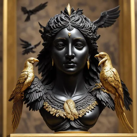 masterpiece, best quality, epic realistic, (black_marble) (goddess_statue), plate on head, (black wing:1.3), intricate detail, intricate pattern, golden dust, floating (golden cloth), detailed texture, broken glass, god light, ((crow)), ((golden birds fly)), golden rose, golden leaf, motion blur, depth of field, holographic