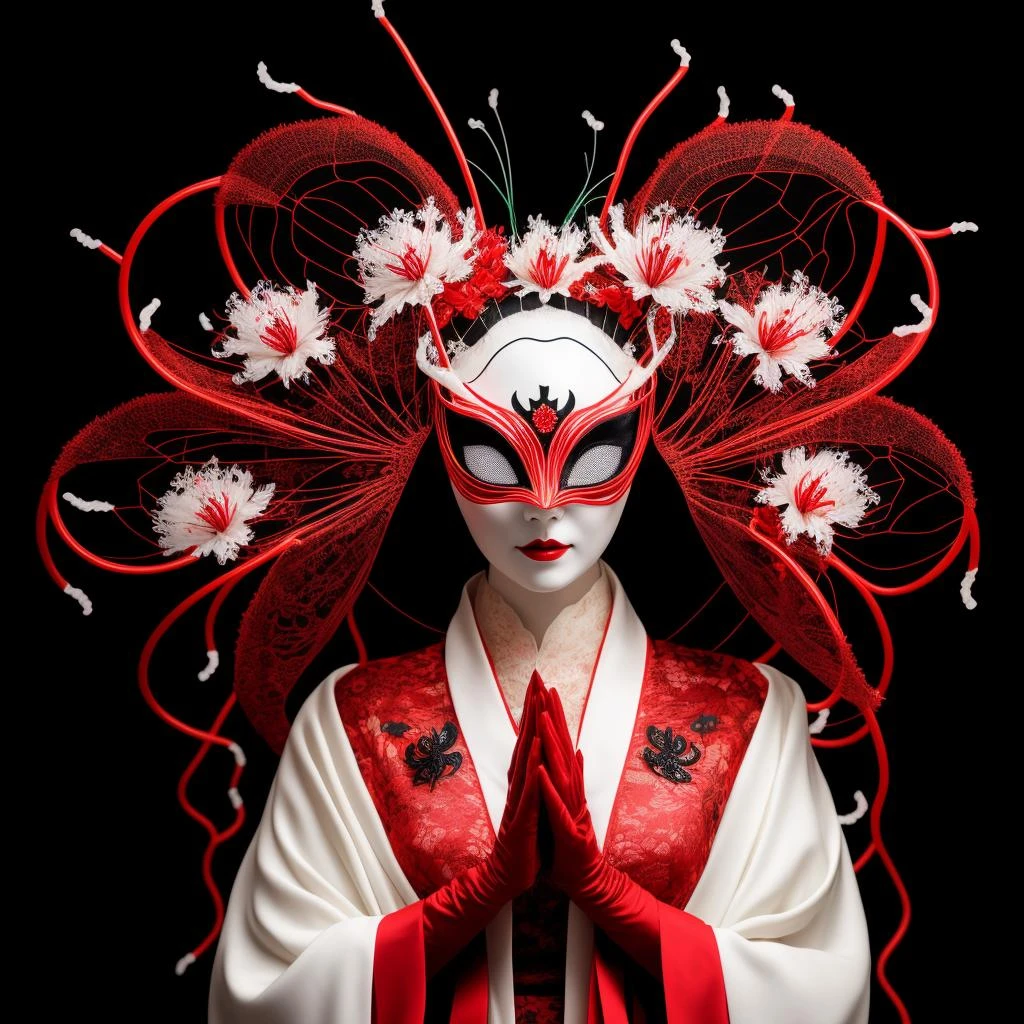 venetian spider queen , luminophore woman wearing spider mask , woman in kimono , white ceramic venetian mask , satanic red lycoris , spider lily , hurricane flower , neon red and black, best quality, high quality, good