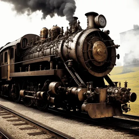 train engine, steampunk, best quality, high quality, good