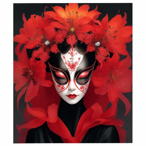 magazine page , venetian spider queen , luminophore woman wearing spider mask , woman in kimono , white ceramic venetian mask , watercolour sketches , satanic red lycoris , spider lily , hurricane flower , neon red and black, best quality, high quality, good