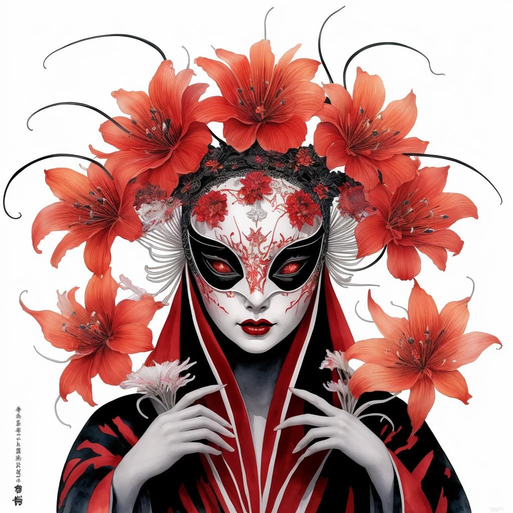 newspaper magazine , venetian spider queen , luminophore woman wearing spider mask , woman in kimono , white ceramic venetian mask , watercolour sketches , satanic red lycoris , spider lily , hurricane flower , neon red and black, best quality, high quality, good