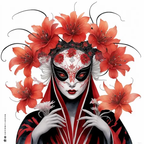 newspaper magazine , venetian spider queen , luminophore woman wearing spider mask , woman in kimono , white ceramic venetian mask , watercolour sketches , satanic red  lycoris , spider lily , hurricane flower , neon red and black, best quality, high quality, good