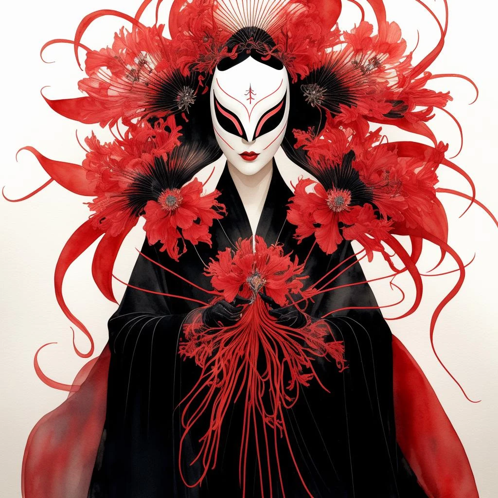 magazine page , venetian spider queen , luminophore woman wearing spider mask , woman in kimono , white ceramic venetian mask , watercolour sketches , satanic red lycoris , spider lily , hurricane flower , neon red and black, best quality, high quality, good