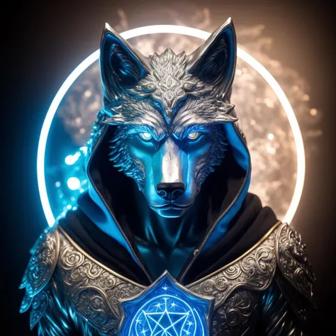 Celestial wolf guardian, starry-eyed man with wolf hood, man in stargazer robe, silver astral wolf sculpture, mystical blue aurora, wolf constellation, galactic guardian, neon blue and gold, best quality, high quality, good