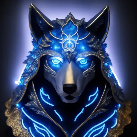 Celestial wolf guardian, starry-eyed man with wolf hood, man in stargazer robe, silver astral wolf sculpture, mystical blue aurora, wolf constellation, galactic guardian, neon blue and gold, best quality, high quality, good