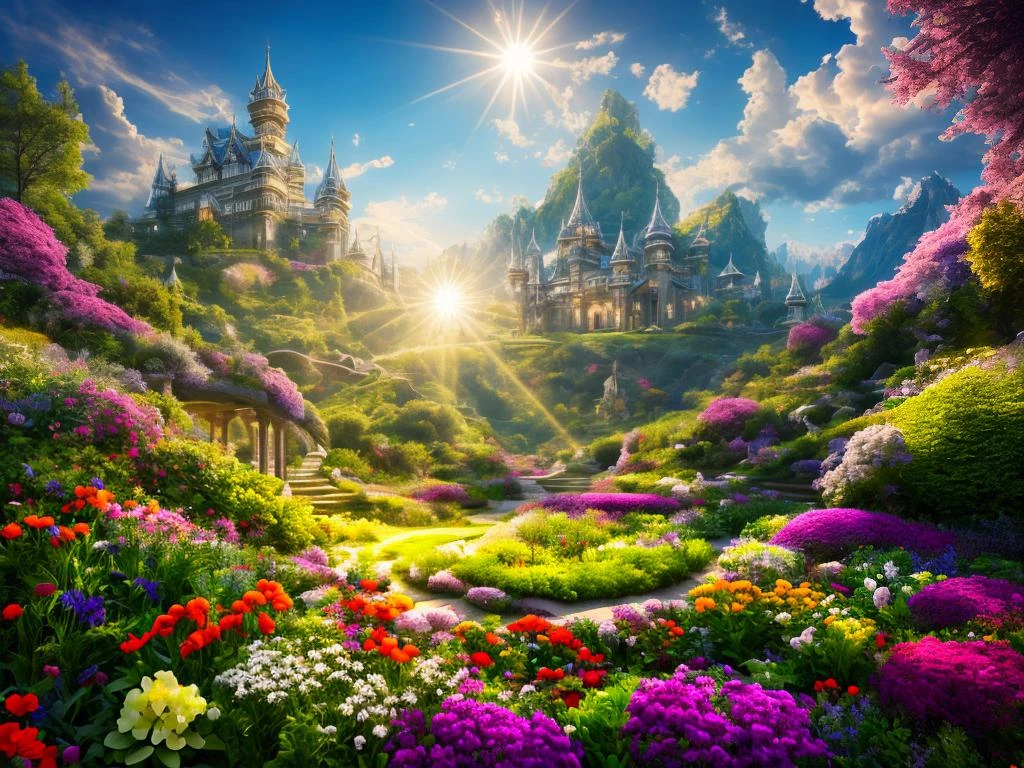 Fantasy, (palace)+, light palace in green meadow among the hills, flowers, (lush vegetable)+++, white openwork patterns, white tracery, sparks, light particles, RAW photo, absurdres, looking at viewer, beautiful, vivid colors, unreal engine, octane render, (8k), (4k uhd), best quality, masterpiece, very beautiful, perfectionism, max detail, hard shadows, highest quality, vibrant, insanely detailed, surreal, divine, celestial, crystalline, light, volumetric lighting, backlighting, shimmering light, glowing, caustics, luminescence, light magic effect, light runes, magic