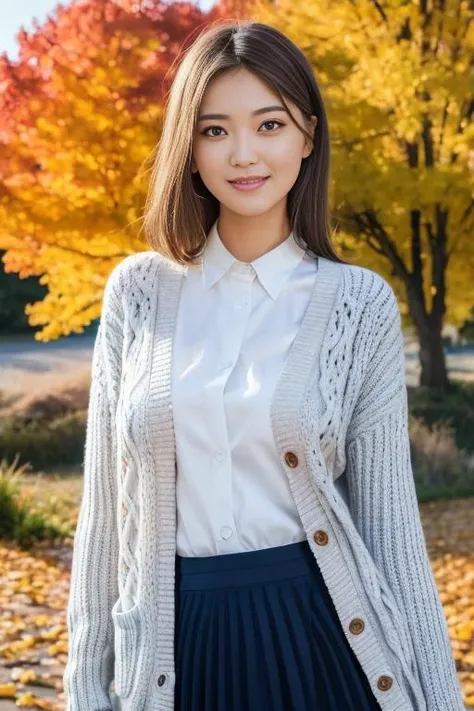 1girl,(wearing a cardigan and long skirt:1.2),(RAW photo, best quality), (realistic, photo-realistic:1.4), masterpiece, an extremely delicate and beautiful, extremely detailed, 2k wallpaper, Amazing, finely detail, extremely detailed CG unity 8k wallpaper, ultra-detailed, highres, soft light, beautiful detailed girl, extremely detailed eyes and face, beautiful detailed nose, beautiful detailed eyes,cinematic lighting(autumn scenery),perfect anatomy,slender body,smiling, <lora:kudomio_lora:0.7>