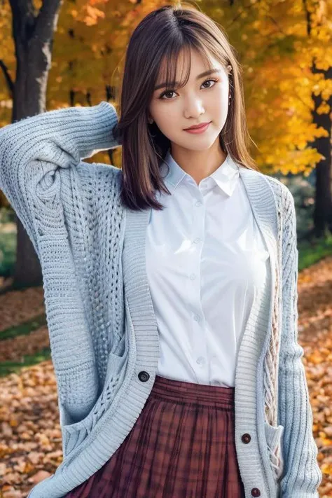 (Highest quality:1.5), (Real:1.4), (Ultra high definition:1.4), (No correction:1.4), (Skinny 18 year old girl), (1 Japanese very thin girl with flat chest in eighteen years old), (very thin body), skinny face, (Beautiful skin), (Knitted cardigans), (Silk white blouse), (Super long skirt), (girl is wearing knitted cardigan on a white silk long sleeve blouse and very long skirt), (very thin girl is standing in the autumn park), (18yo very thin girl is standing in the autumn park), (front view of a flat chest girl), (Autumn park), (Upper Body), (smile), (Turn your body forward), (flat chest), (very thin)