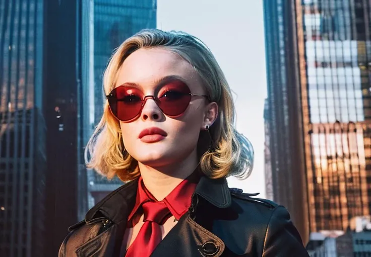 masterpiece:1.2, best quality, absurdres, outside, night, city, cyberpunk, trench coat, sun glasses, red tie, front view, looking up, close up, centered, facing viewer, new york skyline, ((woman as ZaraLarsson01)), helicopters, <lora:ZaraLarsson01-000005:1>