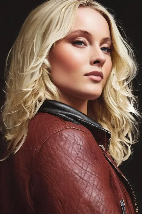 portrait photo of ZaraLarsson01, (black leather jacket), (blonde hair), alluring portrait, intricate, highly detailed, digital painting, artstation, concept art, naughty, sharp focus, cinematic lighting, illustration, art by artgerm and greg rutkowski, alphonse mucha, cgsociety, <lora:ZaraLarsson01-000005:1>, detailed skin texture, (blush:0.5), (goosebumps:0.5), subsurface scattering