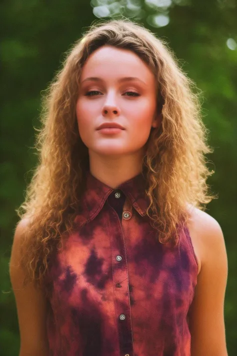 RAW photo, medium body of seductive woman ZaraLarsson01, excited, waist, voluminous hair, curvy blunt hair, tie-dye collared Button-Down Shirt, (smile:0.1), bare shoulders, shallow depth of field, Indirect light, film grain, Kodak portra 800, F/1.8, Autochrome, <lora:ZaraLarsson01-000005:1>,outdoor, front view, straight on, detailed skin texture, (blush:0.5), (goosebumps:0.5), subsurface scattering