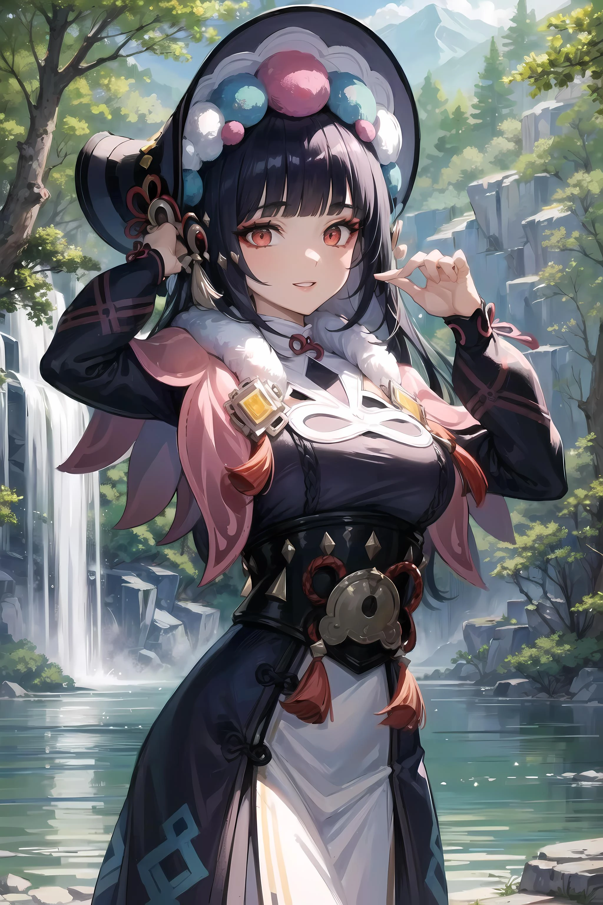 (masterpiece, best quality, glowing light, glistening, shiny skin, ultra detailed, detailed background, complex background),(perfect face, detailed face, detailed eyes,perfect hands,perfect fingers), (large boobs:1.2,smile),(mature female:1.4),cowboy shot,thicc,
yunjin,long hair,((gradient hair)),multicolored eyes, gradient eyes, (glowing eyes:1.5), mascara, (fashion make up), parted lips, blunt bangs, bonnet, long sleeves, capelet, dress, pink capelet,, braid, eyeshadow, pantyhose,fur trim,
((middle of the forest, trees, mountains, lake, waterfall)),((super detailed background)), dynamic poses, ((8k wallpaper)), <lora:yunjin:1>