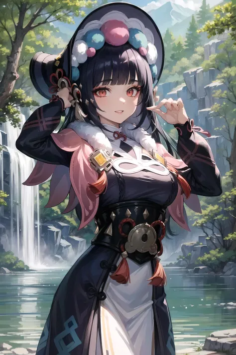 (masterpiece, best quality, glowing light, glistening, shiny skin, ultra detailed, detailed background, complex background),(perfect face, detailed face, detailed eyes,perfect hands,perfect fingers), (large boobs:1.2,smile),(mature female:1.4),cowboy shot,thicc,
yunjin,long hair,((gradient hair)),multicolored eyes, gradient eyes, (glowing eyes:1.5), mascara, (fashion make up), parted lips, blunt bangs, bonnet, long sleeves, capelet, dress, pink capelet,, braid, eyeshadow, pantyhose,fur trim,
((middle of the forest, trees, mountains, lake, waterfall)),((super detailed background)), dynamic poses, ((8k wallpaper)),  <lora:yunjin:1>