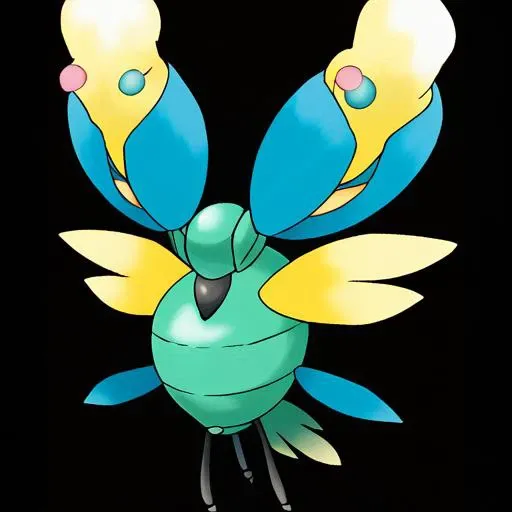 <lora:pokemon_pony_xl:1.0>, Type: Bug, Type: Fire
Egg Group: Fairy, The creature's antlers are branched and resonate with Normal energy.,The monster's underbelly glows with a soft Yellow light, visible only during the night, guiding its path in the darkness.,On its chest is a gemstone that absorbs sunlight and converts it into energy.,Its vocal cords can produce a range of sounds from soothing melodies to deafening roars.,Its wings are covered in tiny Turquoise feathers that shimmer in the light., (Masterpiece:1.3) (best quality:1.2) (high quality:1.1)