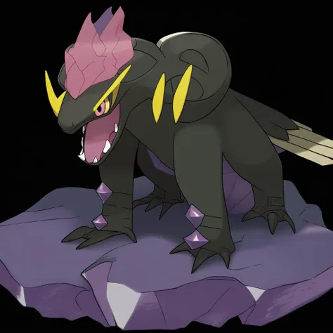 <lora:pokemon_pony_xl:1.0>, Type: Rock, Type: Ghost Egg Group: Water 1 The monster's belly rumbles can mimic the sounds of thunder, used to intimidate rivals,The creature's internal organs glow faintly, illuminating its Black skin from within,It possesses a row of Yellow spines along its forearms, used in defense and during mating displays,The animal's stride is graceful, each step a testament to its noble heritage and untamed spirit,The creature's laugh produces Gray bubbles that pop with tiny sparks a delightful yet unexpected defense mechanism,The creature's feathers are tipped with a Purple dust that trails behind it in flight creating mesmerizing patterns,The monster's eyelids are fringed with Magenta lashes that create a dazzling display when it blinks rapidly,On the tips of its fingers are suction pads, allowing for intricate manipulation of objects,Its hide is patterned with Bronze swirls that shift slowly, mesmerizing anyone who gazes upon them.,The Pokémon's nostrils flare when it's angry, releasing plumes of Ground smoke, score_9, score_8_up, score_7_up, score_6_up, score_5_up, score_4_up. Simple black background, (Masterpiece:1.3) (best quality:1.2) (high quality:1.1)