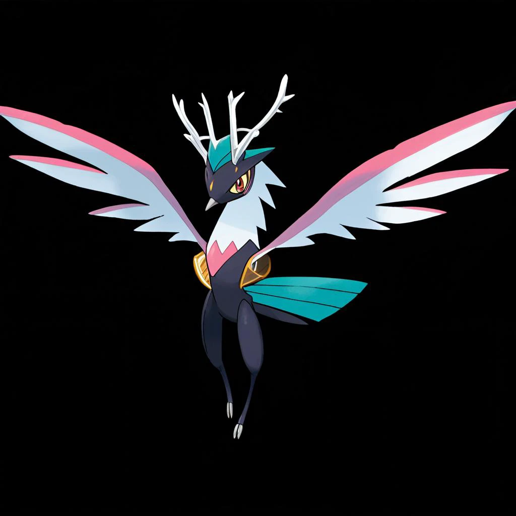 <lora:pokemon_pony_xl:0.8>, Type: Flying, Type: Steel Egg Group: Amorphous It has a Indigo glow that emanates from its core visible through gaps in its scales during the night,The creature's nails can grow instantaneously shooting out as Fuchsia projectiles when it feels threatened,The creature's antlers are branched and resonate with Steel energy,The creature's body rhythmically pulses with a Gray light mimicking the heartbeat of the earth,The creature's silhouette casts a shadow that moves against the direction of light, creating an eerie effect,Its wings are covered in tiny Maroon feathers that shimmer in the light,Its feathers can detach and drift away as Green embers carried by the wind to unknown destinations,It has a series of Gold bands around its eyes that enhance its night vision, allowing it to see clearly in the dark.,Its foot taps create a Magenta rhythm on the ground a natural drumbeat that harmonizes with the sounds of nature,It has a secondary set of transparent eyelids that protect its eyes while underwater, score_9, score_8_up, score_7_up, score_6_up, score_5_up, score_4_up.  Simple black background, (Masterpiece:1.3) (best quality:1.2) (high quality:1.1)