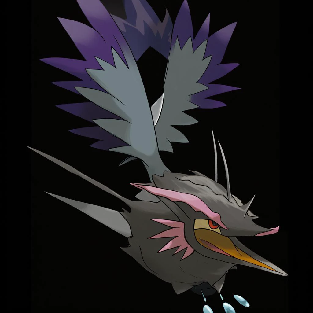 <lora:pokemon_pony_xl:1.1>, Type: Dark Fairy, Type: Rock Egg Group: Dragon It possesses a Brown undercoat that it sheds seasonally, which is highly sought after for its insulating properties.,Its roar can cause the air to shimmer with a Purple wave distorting the space around it momentarily,Its claws secrete a Dark Fairy substance that can corrode metal upon contact,It has fins that radiate light, illuminating the depths of the waters it calls home,Its whiskers are tipped with Silver beads that can sense changes in the atmospheric pressure,The monster's eyelids are fringed with Pink lashes that create a dazzling display when it blinks rapidly,The creature's feathers are tipped with a Silver dust that trails behind it in flight creating mesmerizing patterns,Its hide is patterned with Indigo swirls that shift slowly, mesmerizing anyone who gazes upon them.,The monster's hide secretes a Gray oil when it is excited or stressed which has a unique fragrance,The monster's feet end in sharp, Red talons capable of gripping onto any surface, score_9, score_8_up, score_7_up, score_6_up, score_5_up, score_4_up. Simple black background, (Masterpiece:1.3) (best quality:1.2) (high quality:1.1)