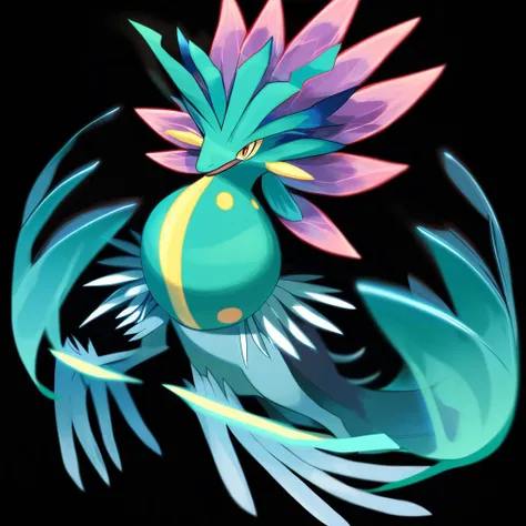 <lora:pokemon_pony_xl:0.4>, Type: Water, Type: Dark Fairy Egg Group: Dragon It can blink rapidly producing a strobe effect with its Bronze eyes to disorient predators or prey,The creature's laughter resonates with a Orange timbre, known to have a calming effect on nearby beings.,The creature's eyes can project a Magenta beam, used for communication over long distances or to startle predators.,Its fur patterns shift and change forming Green symbols that are said to predict Fighting events,Its howl resonates with a Purple echo that can be heard for miles signaling its presence to others,The monster has a crown of Gold spikes around its head, signifying its status within its group.,The animal's roars generate Black waves in the air visual ripples of its powerful voice,The animal's footfalls cause the ground to emit a Pink glow marking its passage through the Grass realm,The monster's sneeze releases a burst of Turquoise sparks a surprising and accidental defensive mechanism,Its wingtips are adorned with Teal feathers that produce a melodic sound when in flight, score_9, score_8_up, score_7_up, score_6_up, score_5_up, score_4_up. Simple black background, (Masterpiece:1.3) (best quality:1.2) (high quality:1.1)