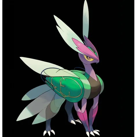 <lora:pokemon_pony_xl:1.0>, Type: Ghost, Type: Dragon Egg Group: Ditto It has a Blue marking on its forehead that resembles an ancient Ghost symbol believed to grant it special abilities,Its tail feathers are elongated and Yellow, capable of creating mesmerizing patterns in the air to communicate,Its veins pulse with a Green glow visible through its translucent skin a network of life energy,Wings that beat with the rhythm of the heart, driving the pulse of life through the veins of the earth,The creature's gaze holds the depth of the universe, a window to the mysteries beyond the known,The creature's scales interlock in a Copper pattern that is as strong as armor yet flexible as fabric,The monster's antennae are feathered and Magenta, sensitive to the slightest changes in the Fighting environment.,The Pokémon's jaw can unhinge, allowing it to swallow items much larger than its head,The creature's sigh releases a Silver mist that can cause plants around it to bloom out of season,The animal's laughter creates ripples in the Poison fabric of reality altering the environment, score_9, score_8_up, score_7_up, score_6_up, score_5_up, score_4_up. Simple black background, (Masterpiece:1.3) (best quality:1.2) (high quality:1.1)