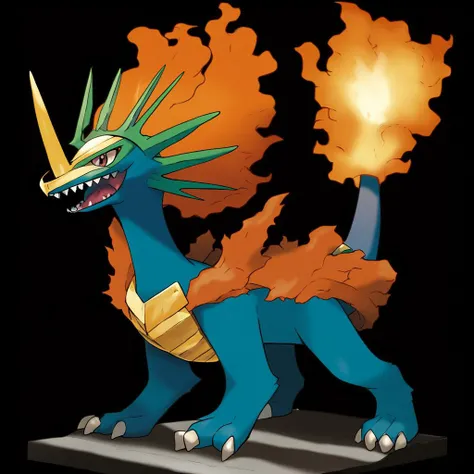 <lora:pokemon_pony_xl:0.9>, Type: Fire, Type: Ice Egg Group: Dragon Each of the creature's hairs is tipped with a microscopic Red barb, providing defense against small attackers,Its wingbeats create a Magenta breeze, known to have healing properties for those who feel it.,It can exude a Yellow mist from its pores, creating a protective barrier against Ghost attacks,Its snout is elongated and houses rows of sharp, Brown teeth,A mane that sparkles with Orange flecks, catching the sunlight and breaking it into a thousand tiny rainbows,It has a Silver marking on its forehead that resembles an ancient Ghost symbol believed to grant it special abilities,It possesses a third eye on its forehead, believed to grant it psychic abilities,It has a Cyan ridge on its back that can unfurl into a stunning beauty,The creature's gaze can cast a Gold reflection on surfaces capturing its mood and essence,A tail that coils and uncoils with a White luminescence, a living lantern that guides the way through the darkest nights, score_9, score_8_up, score_7_up, score_6_up, score_5_up, score_4_up. Simple black background, (Masterpiece:1.3) (best quality:1.2) (high quality:1.1)