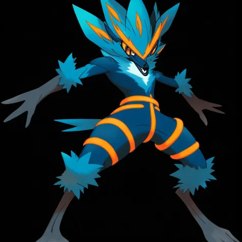 <lora:pokemon_pony_xl:0.8>, Type: Ground, Type: Electric Egg Group: Human-Like It has a row of yellow (orange:0.8) spines running down its back, which bristle when threatened,The animal's mating dance involves a complex sequence of Blue flashes produced by its body,The creature's skin shimmers with a Cyan sheen in sunlight transforming it into a Poison spectacle,Its fur patterns shift and change forming Indigo symbols that are said to predict Fire events,The monster's heartbeat sends out a Black pulse visible under its skin a beacon of life in the darkness,The animal's heartbeat can be felt through its chest, resonating with a calming Red glow,The animal's reflective Bronze eyes can illuminate its path in the dark, acting like natural torches.,It has a crest that pulses with a Yellow light when it communicates akin to a natural Morse code,It has a series of Orange bands around its eyes that enhance its night vision, allowing it to see clearly in the dark.,It has a Brown aura that envelops it during battles intensifying its Poison abilities, score_9, score_8_up, score_7_up, score_6_up, score_5_up, score_4_up. Simple black background, (Masterpiece:1.3) (best quality:1.2) (high quality:1.1)