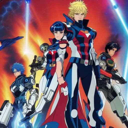 80sAnime-10000 action heroine with (cleavage:1.5) (massive boobs that can't be held in check by her outfit:1.5) pose with a mech doing the same pose behind him, lasers shoot up and down lighting the scene, dark sky sd15_journalSketch