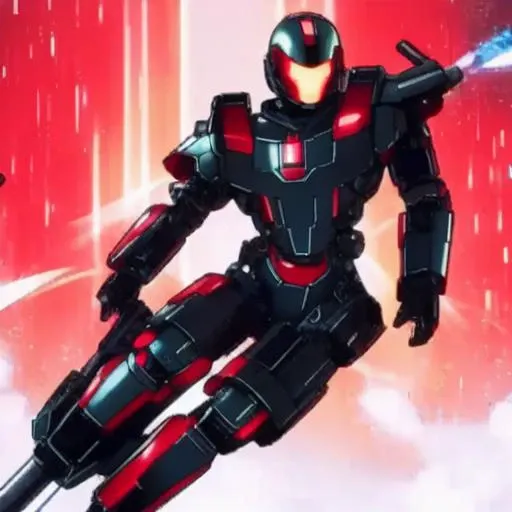 80sAnime-10000 action hero pose with a mech doing the same pose behind him, lasers shoot up and down lighting the scene, dark sky emb-rrf-low