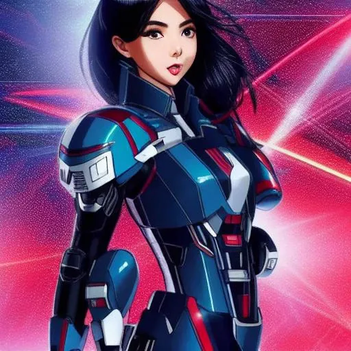 80sAnime-10000 action heroine with massive boobs that can't be held in check by her outfit pose with a mech doing the same pose behind him, lasers shoot up and down lighting the scene, dark sky emb-rrf-low