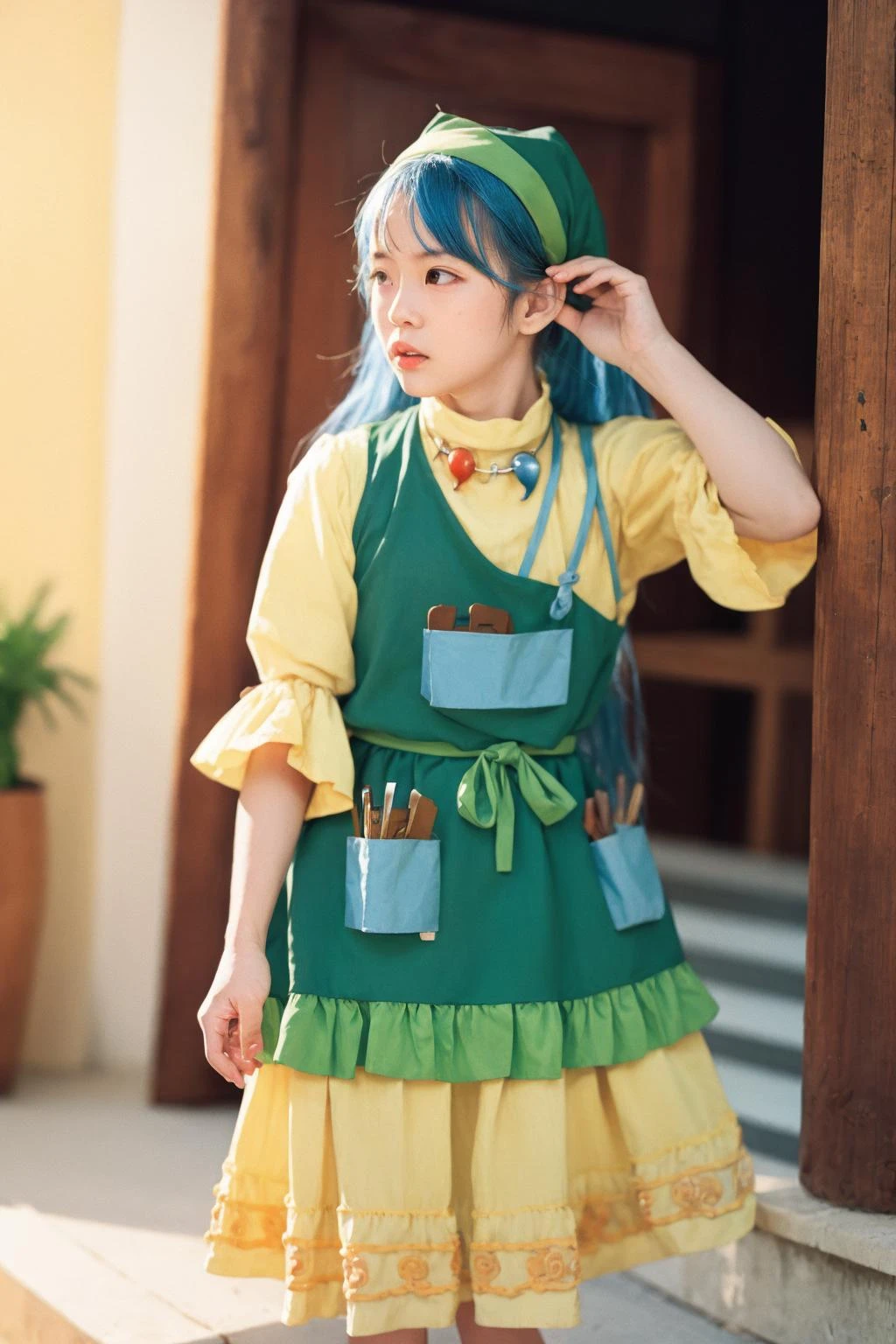 masterpiece, best quality,8K,realistic, High definition, photography, depth of field,HDR, highres,(photoshop \(medium\):1.4) ,
<lora:HaniyasushinKeiki:1>, haniyasushin keiki, 1girl,head scarf, blue hair,long hair,red eyes,jewelry,magatama necklace,long puffy sleeves, arm ribbon,single strap, yellow dress,green apron, pocket,tools