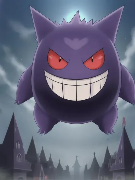 pokemon, gengar, ghost, poison, quadrupedal, creature, purple fur, (round body:1.2), short legs, toothy grin, (pointed ears:0.9), small teeth, upper jaw, fang-like, lower jaw, red eyes, yellow pupils, short tail, levitate, float, silently, ghost-type, versatile, wild, lurk, dark, abandoned places, graveyards, mischievous, shadows, appearance, fears, desires, manipulate, powerful, mysterious, unique abilities, mischievous personality, formidable, levitate, hide, shadows, attacks  <lora:Pokemon Gengar:0.65>