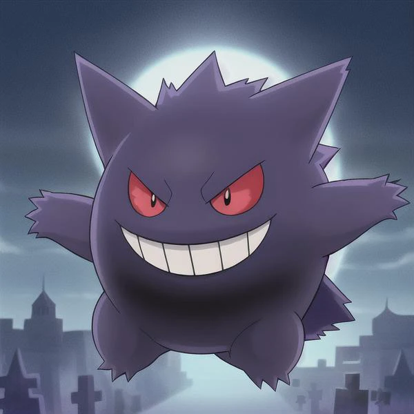 pokemon, gengar, ghost, poison, quadrupedal, creature, purple fur, (round body:1.2), short legs, toothy grin, (pointed ears:0.9), small teeth, upper jaw, fang-like, lower jaw, red eyes, yellow pupils, short tail, levitate, float, silently, ghost-type, versatile, wild, lurk, dark, abandoned places, graveyards, mischievous, shadows, appearance, fears, desires, manipulate, powerful, mysterious, unique abilities, mischievous personality, formidable, levitate, hide, shadows, attacks <lora:Pokemon Gengar:0.65>