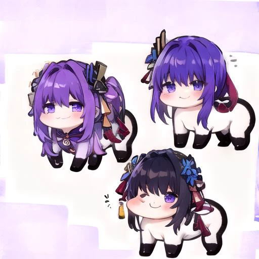 (masterpiece, best quality, high quality, highres, ultra-detailed), east asian architecture,
<lora:DoroV13:1.0> doro, creature, chibi, ;3, no humans,
<lora:RaidenShogun-hands:0.9> blunt bangs, braid, hair ornament, (purple hair:0.95), very long hair,