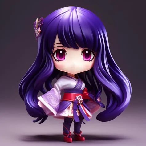 ((chibi figure)), <lora:figure_chibi:0.8>, <lora:RaidenShogun-hands:0.6>, 1girl, blunt bangs, braid, wide sleeves, hair ornament, japanese clothes, red obi, purple hair, very long hair, straight hair, detailed eyes, red eyeshadow, symmetry eyes, ((mature female)), perfect face, beautiful face, colorful, beautiful eyes